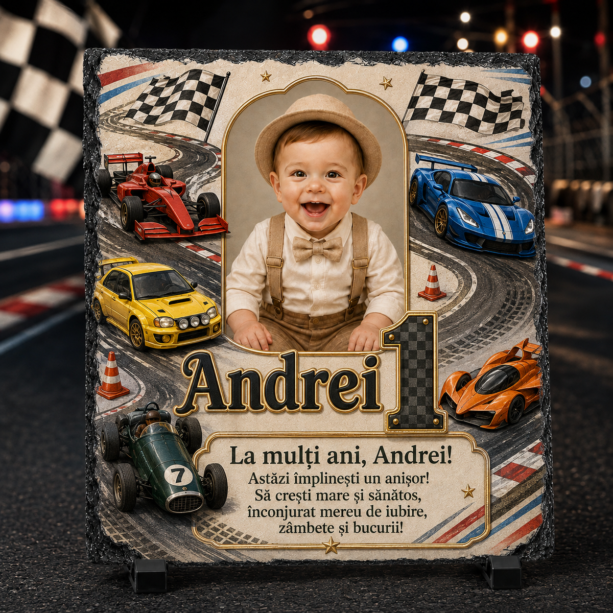Placă ardezie personalizată 20x20 cm cu poză, nume și mașini de curse – Cadou aniversar pentru băiețel de 1 an