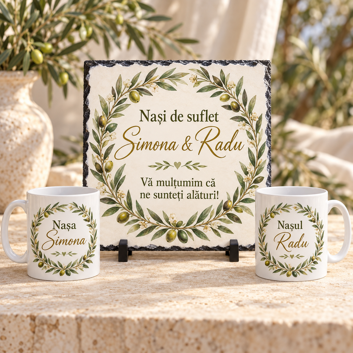 Set cadou personalizat pentru nași – Ardezie 20×20 cm și 2 căni, design cu ramuri de măslin