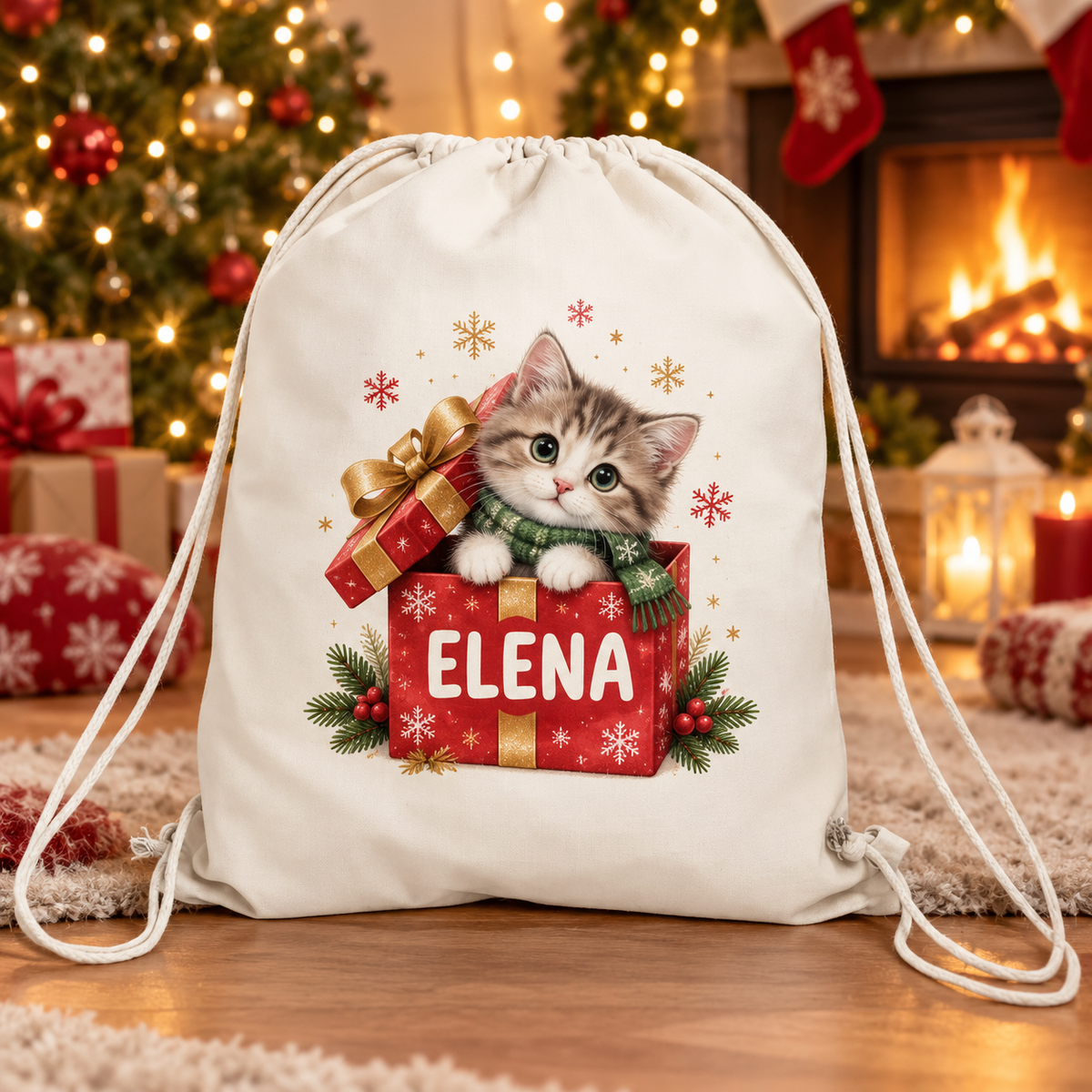Sac sport personalizat pentru copii – Pisicuță în cadou de Crăciun cu nume | Canvas 43 × 34 cm