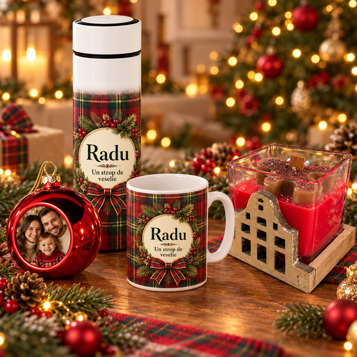 Set cadou personalizat de Crăciun cu cană, termos, glob foto și lumânare handmade