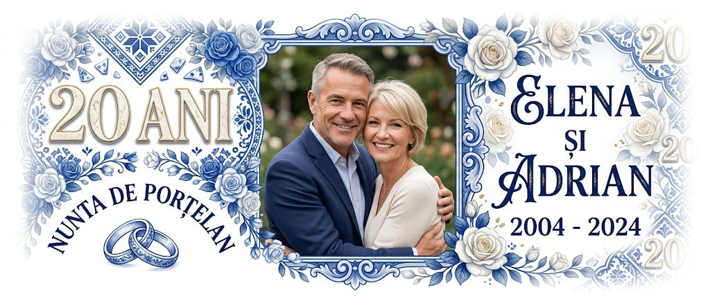 Cană personalizată Nuntă de Porțelan – 20 de ani de căsnicie | Cu poză, nume și anii aniversării