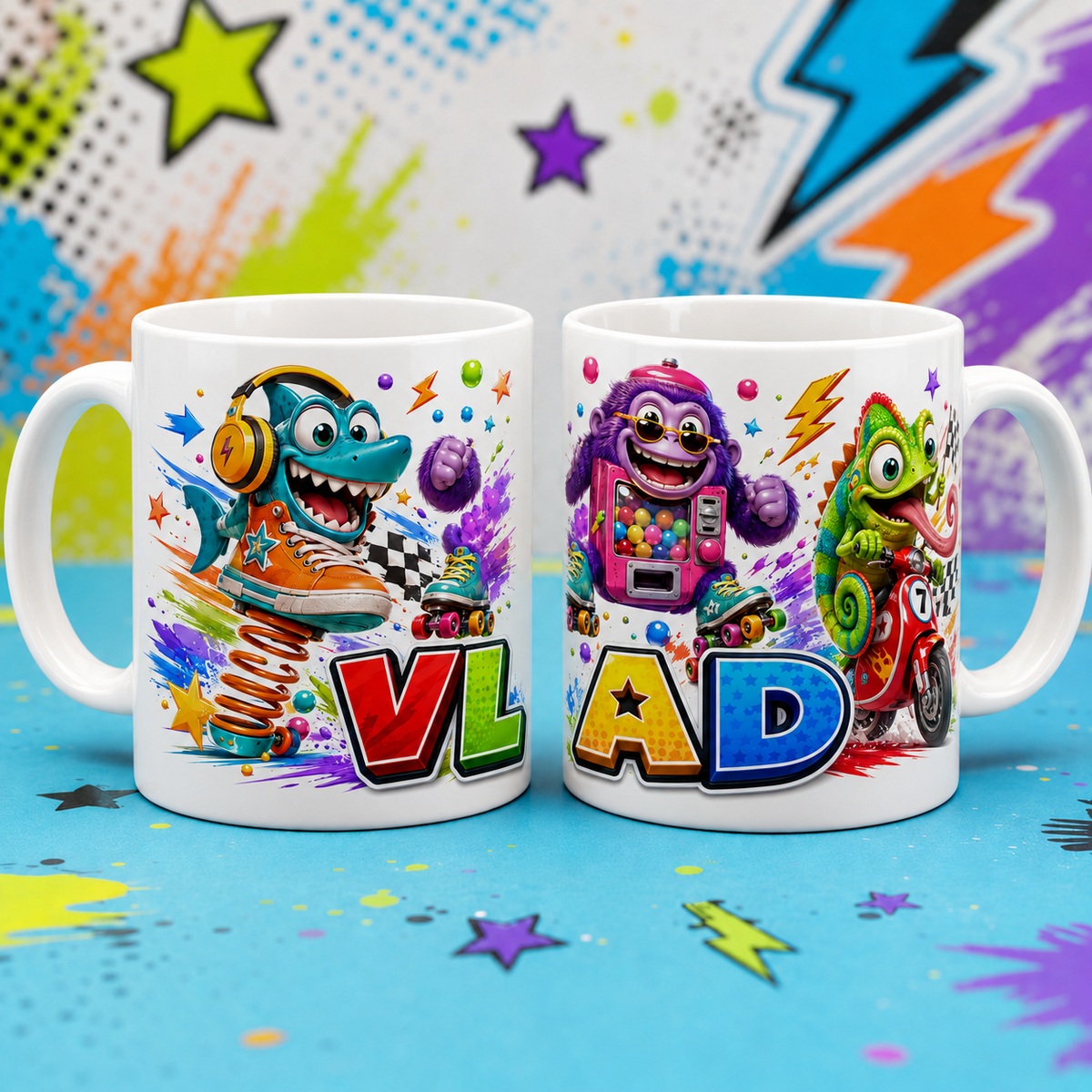 Cană personalizată cu nume pentru copii – Animale trăsnite, 330 ml