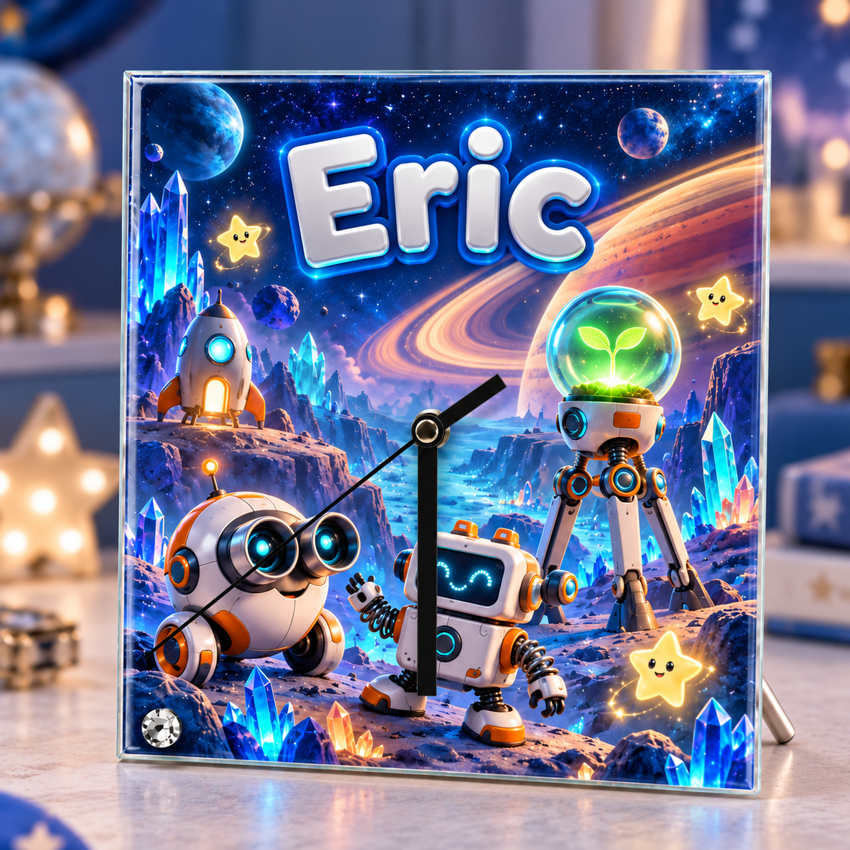 Ceas de birou personalizat pentru copii din sticlă 20×20 cm – Roboți, Spațiu, Rachetă și Planete cu Nume