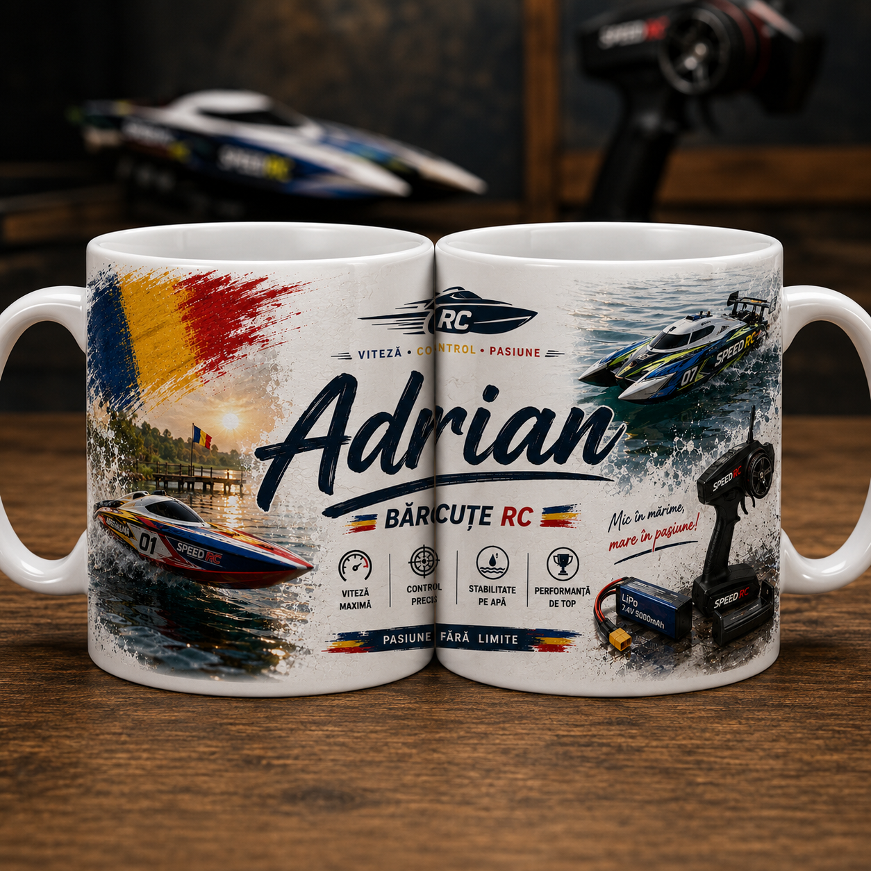 Cană personalizată Bărcuțe RC cu numele Adrian, cadou pentru pasionații de navomodelism