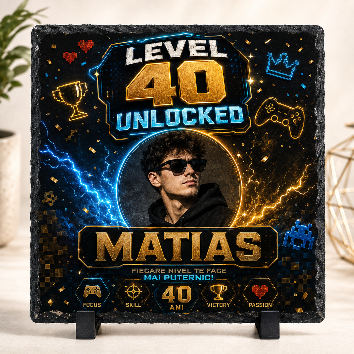 Placă din ardezie personalizată „Level 40 Unlocked” – cadou aniversar gamer cu fotografie și nume