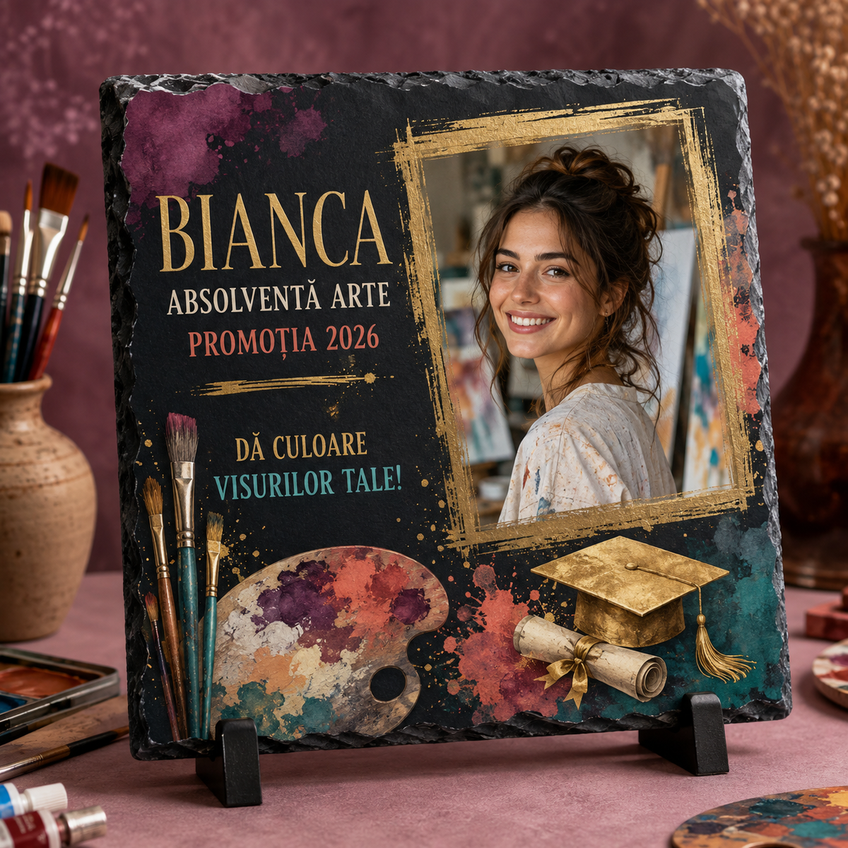 Placă de Ardezie Personalizată Absolvire Arte 20×20 cm cu Poză și Nume – Cadou pentru Absolventă