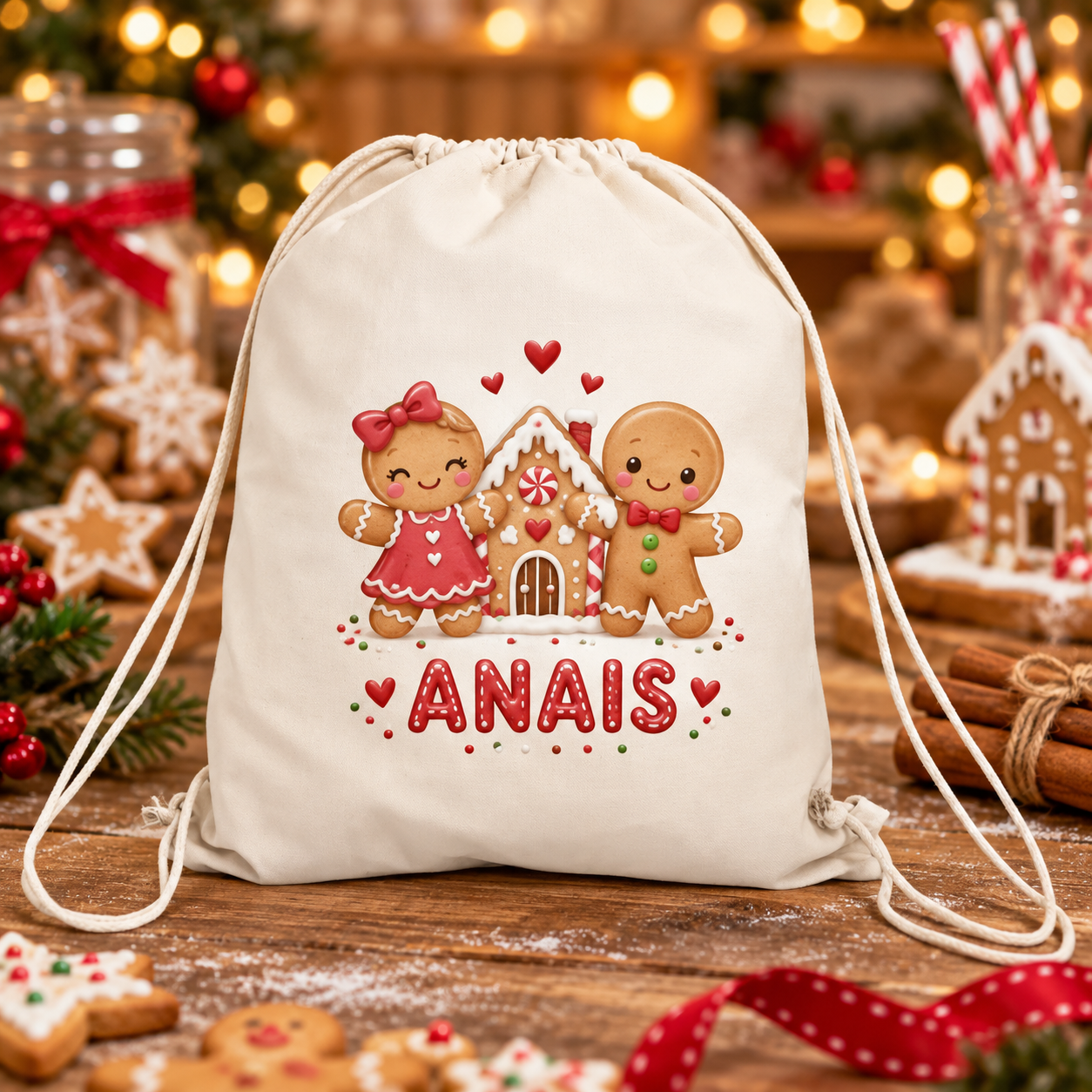 Sac sport personalizat pentru copii – Turtă Dulce de Crăciun cu nume | Canvas 43 × 34 cm