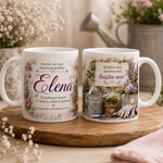 Cană personalizată pentru grădinăreasă cu numele Elena, 330 ml, design cu lavandă, flori, stropitoare și unelte de grădinărit