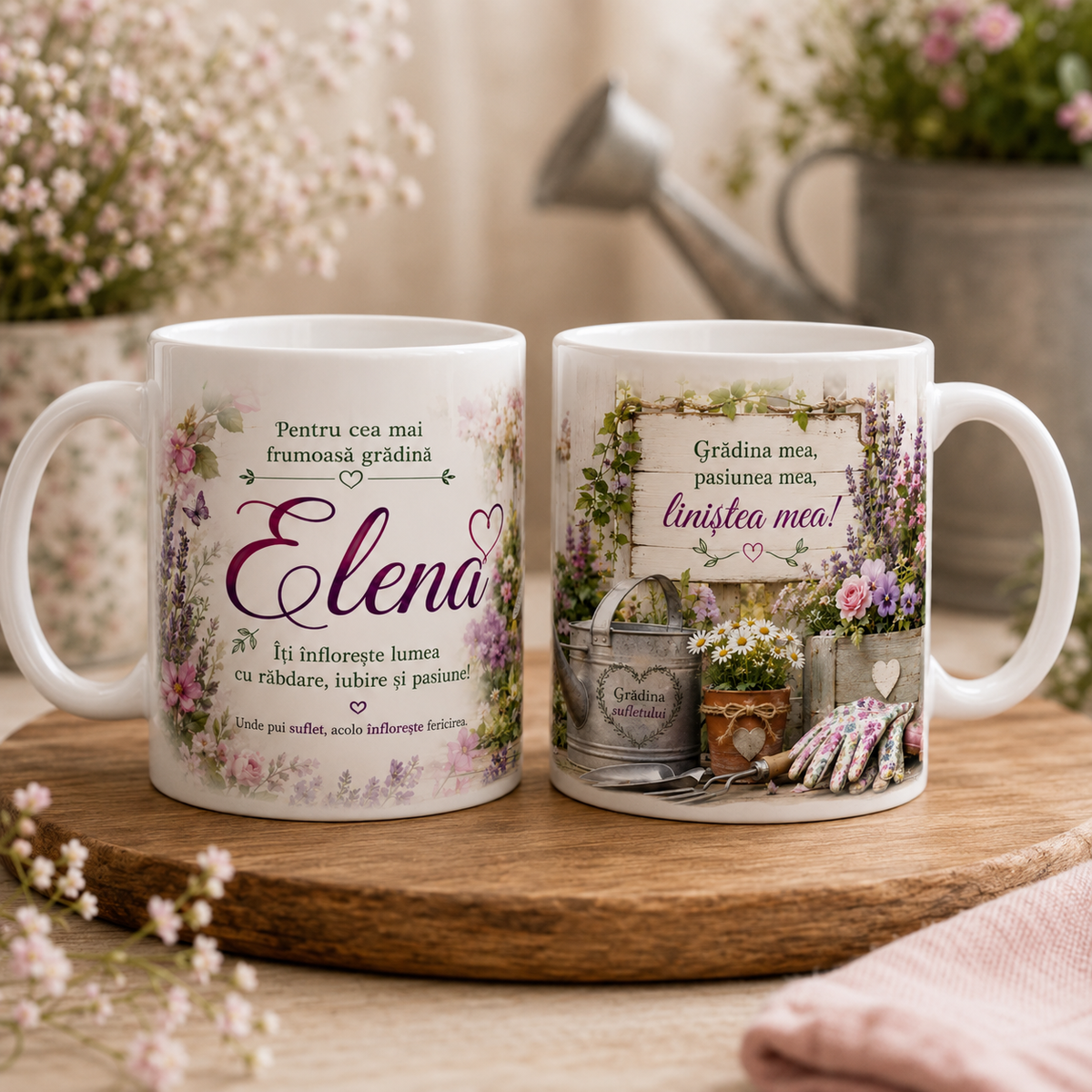Cană personalizată pentru grădinăreasă cu numele Elena, 330 ml, design cu lavandă, flori, stropitoare și unelte de grădinărit