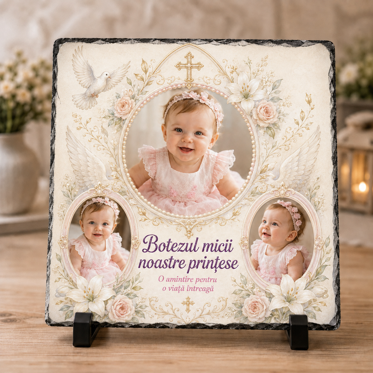 Placă ardezie personalizată 20×20 cm pentru botez fetiță – 3 fotografii, design elegant cu îngerași și flori