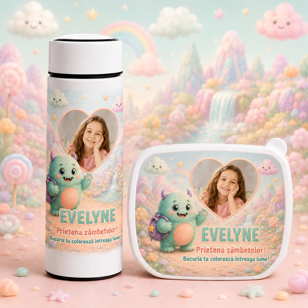 Set personalizat copii – Lunchbox + Termos 500 ml „Prietena Zâmbetelor”