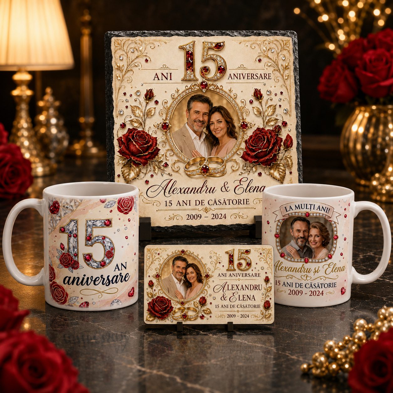 Set cadou personalizat pentru aniversarea căsătoriei – 2 căni, placă de ardezie 20 × 20 cm și magnet 9 × 5,5 cm