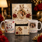 Set cadou personalizat pentru aniversarea căsătoriei – 2 căni, placă de ardezie 20 × 20 cm și magnet 9 × 5,5 cm