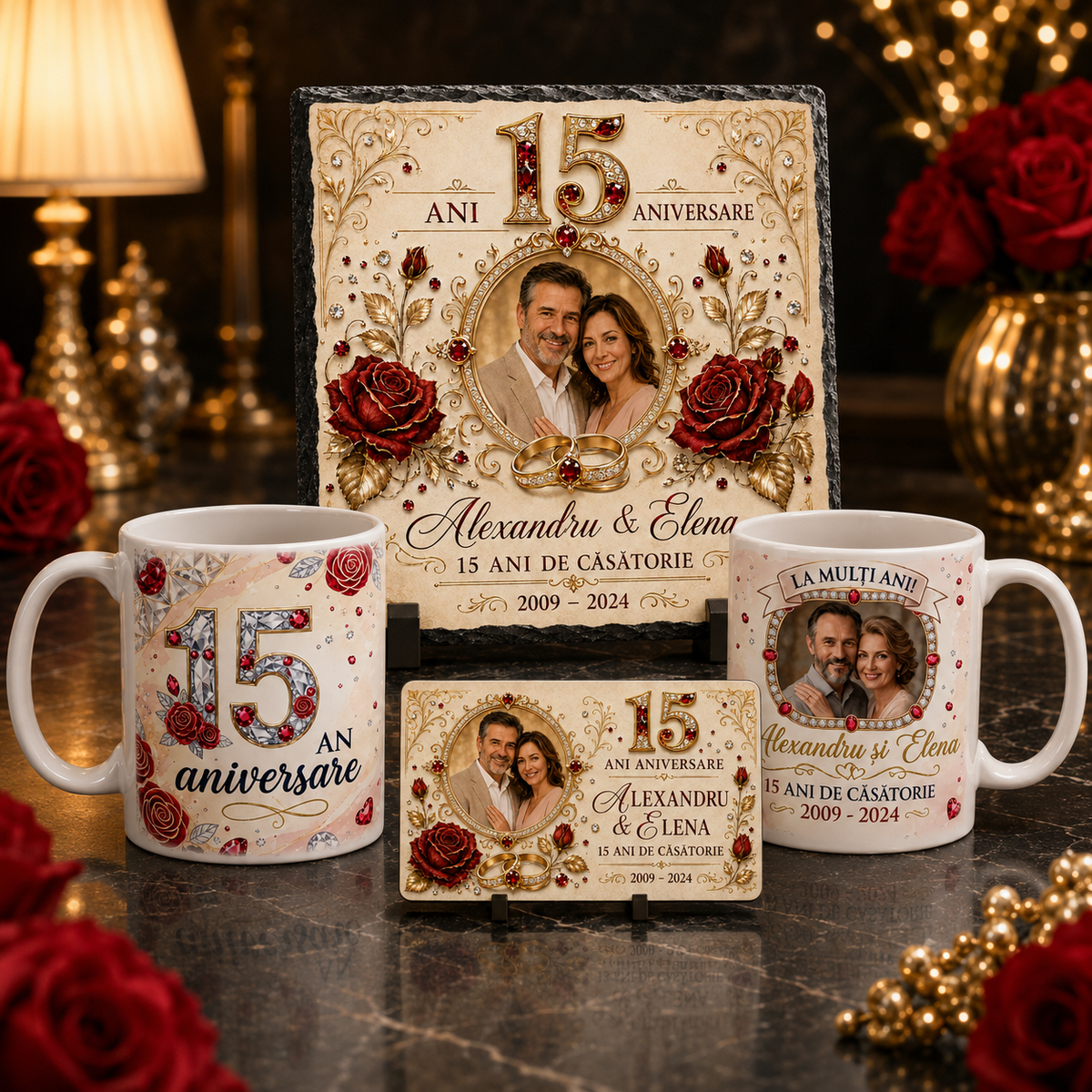 Set cadou personalizat pentru aniversarea căsătoriei – 2 căni, placă de ardezie 20 × 20 cm și magnet 9 × 5,5 cm