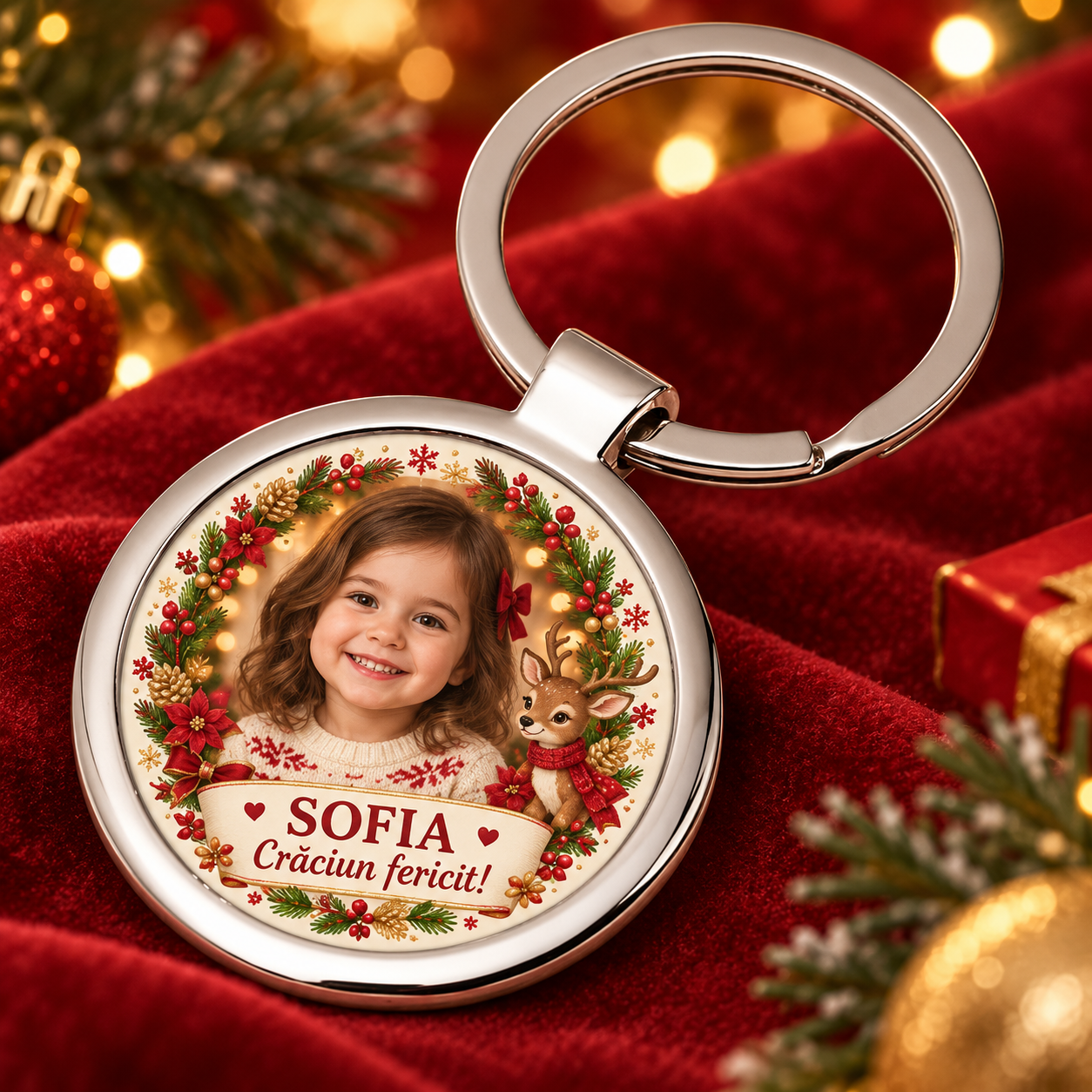 Breloc rotund personalizat cu poză pentru copii – cadou de Crăciun