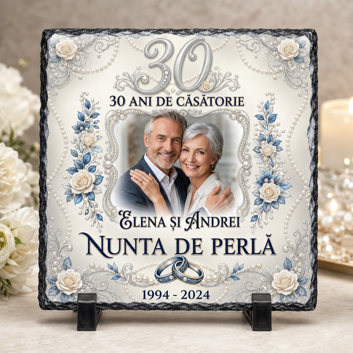 Placă Ardezie Personalizată 20×20 cm – Nunta de Perlă, 30 Ani de Căsătorie