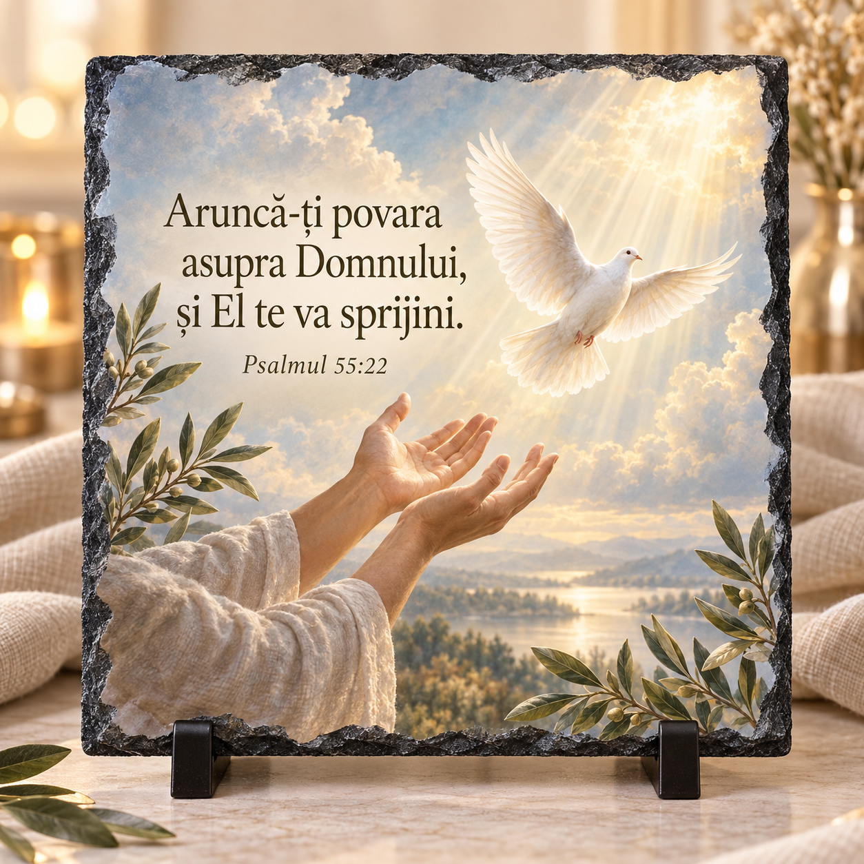 Placă Ardezie Personalizată 20x20 cm – Cadou Religios cu Porumbel și Verset Biblic