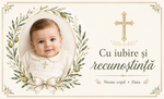 Mărturie de botez personalizată – Magnet de frigider 9 × 5,5 cm cu fotografie, ramuri de măslin și cruce aurie