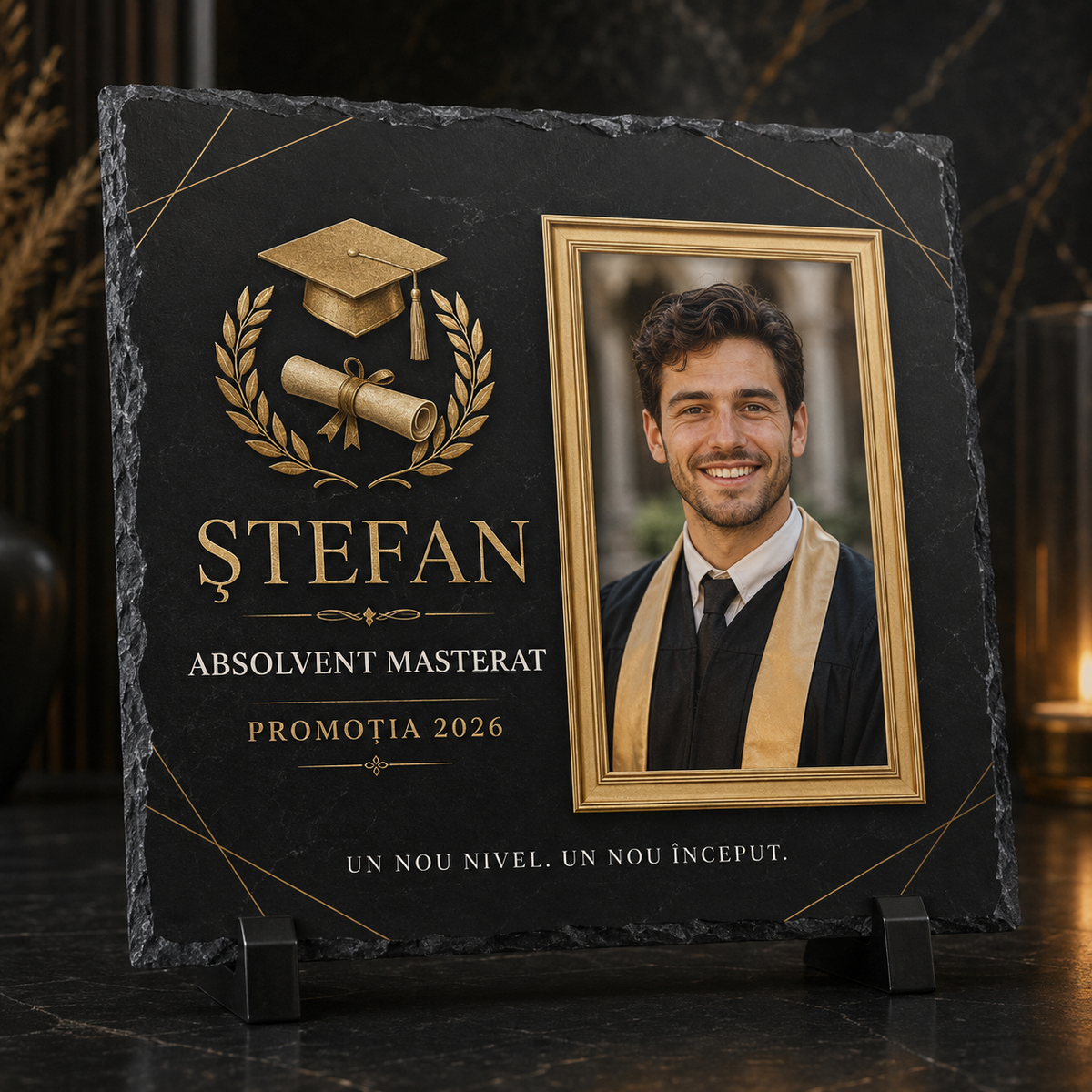 Placă de Ardezie Personalizată Absolvire Masterat 20×20 cm cu Poză și Nume – Cadou Elegant pentru Absolvent