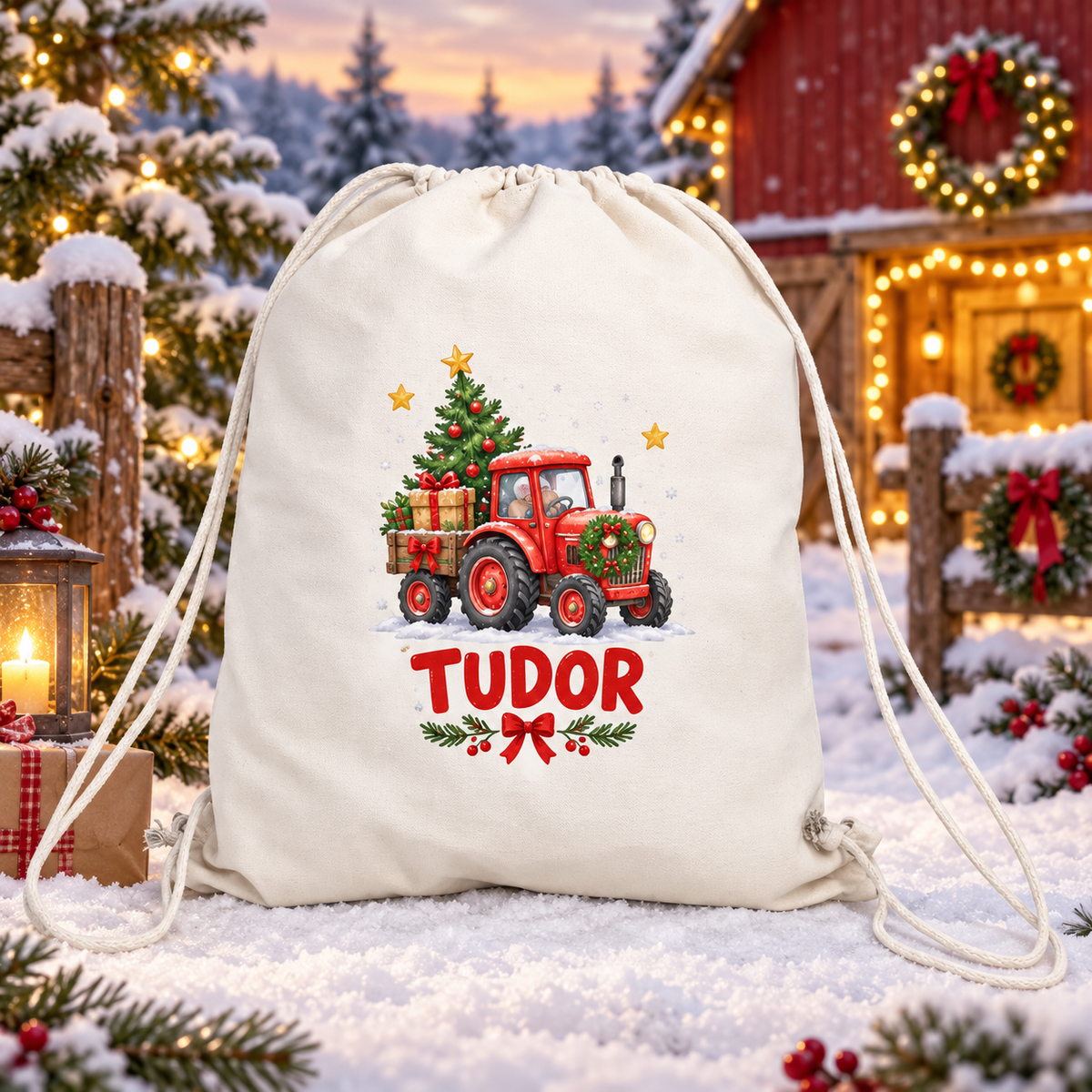 Sac sport personalizat pentru copii – Tractor de Crăciun cu nume | Canvas 43 × 34 cm