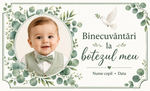 Mărturie de botez băiețel – Magnet de frigider personalizat 9 × 5,5 cm cu eucalipt și porumbel alb