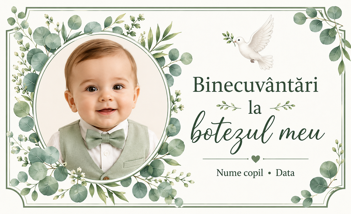Mărturie de botez băiețel – Magnet de frigider personalizat 9 × 5,5 cm cu eucalipt și porumbel alb
