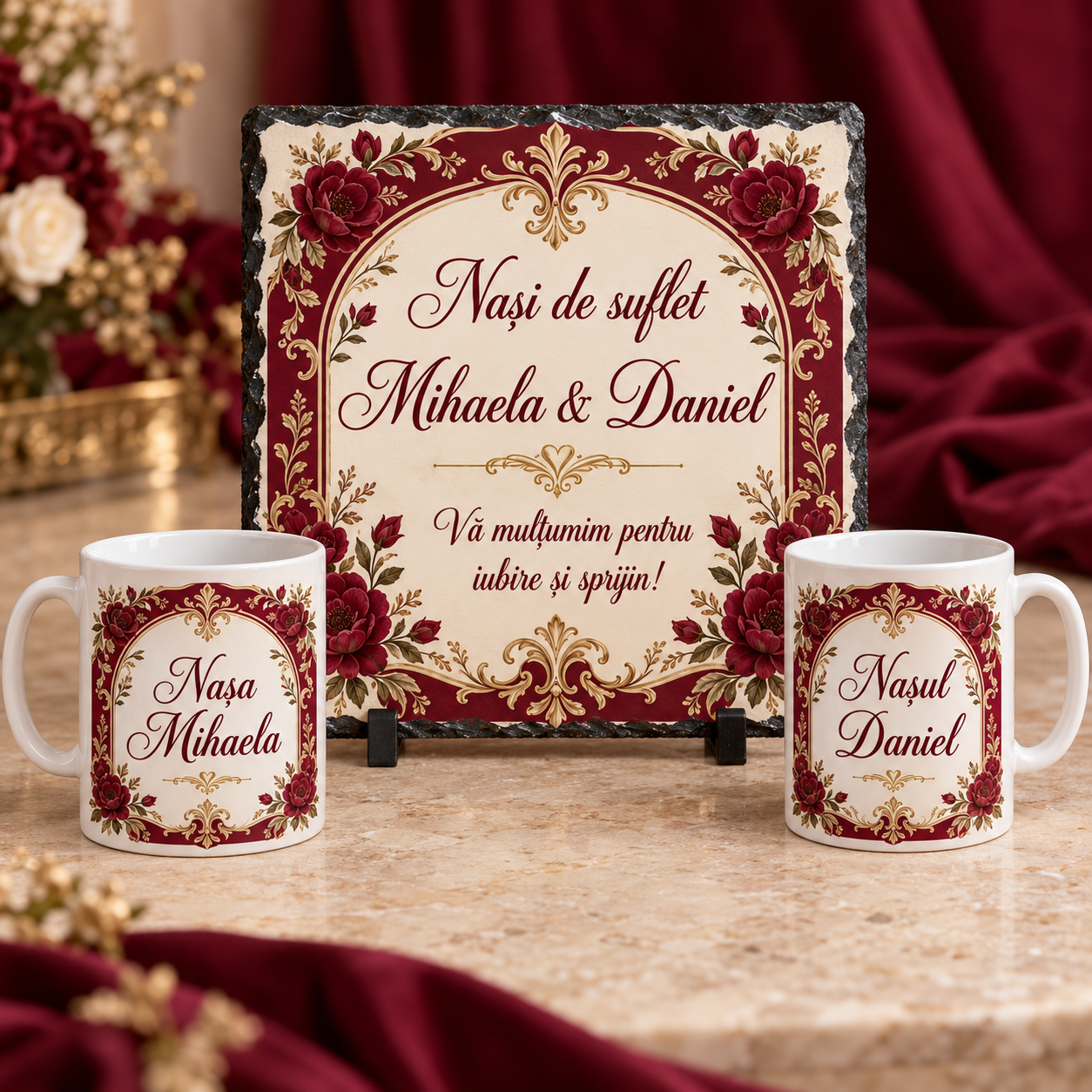 Set cadou personalizat nași – Ardezie 20×20 cm și 2 căni, flori bordo și ornamente aurii