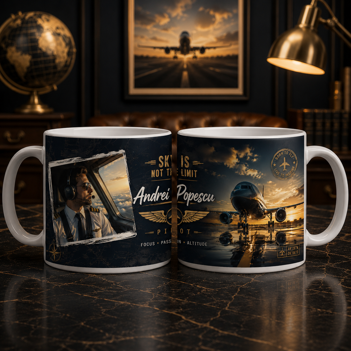 Cană personalizată pentru pilot cu fotografia și numele Andrei Popescu, design cu avion comercial