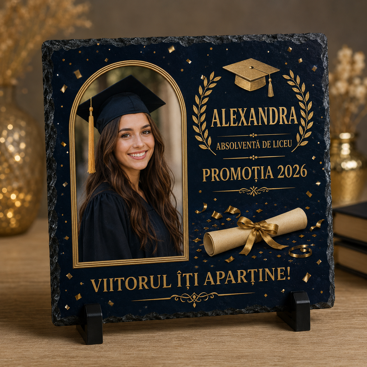 Placă de Ardezie Personalizată Absolvire Liceu 20×20 cm cu Poză și Nume – Promoția 2026
