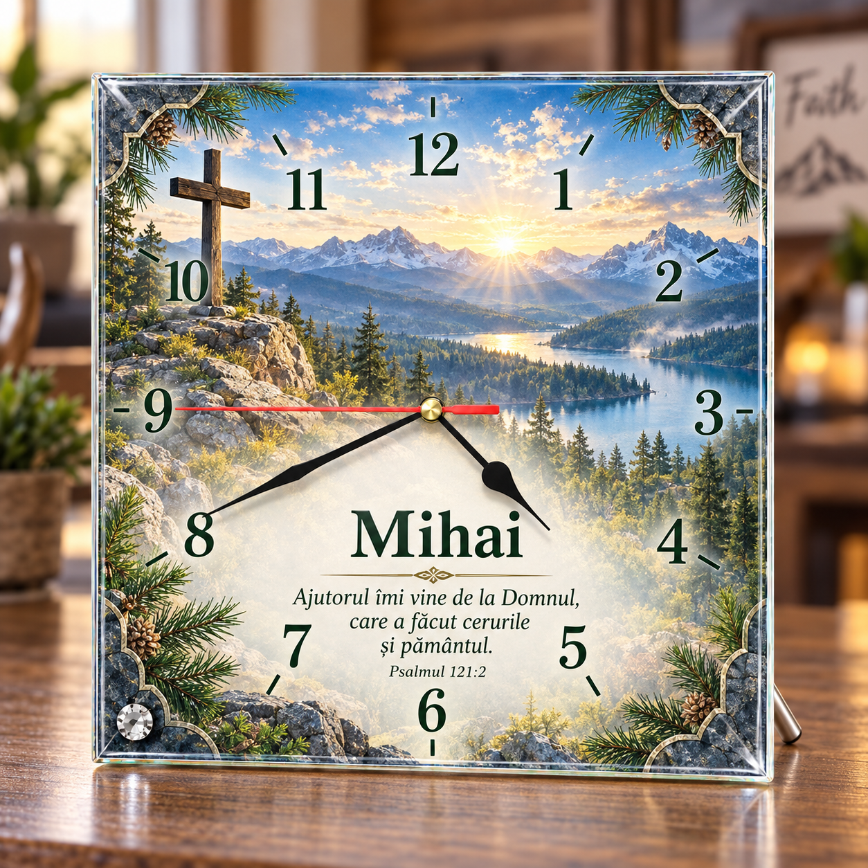Ceas de birou personalizat din sticlă 20x20 cm – Cruce, peisaj montan și Psalmul 121:2