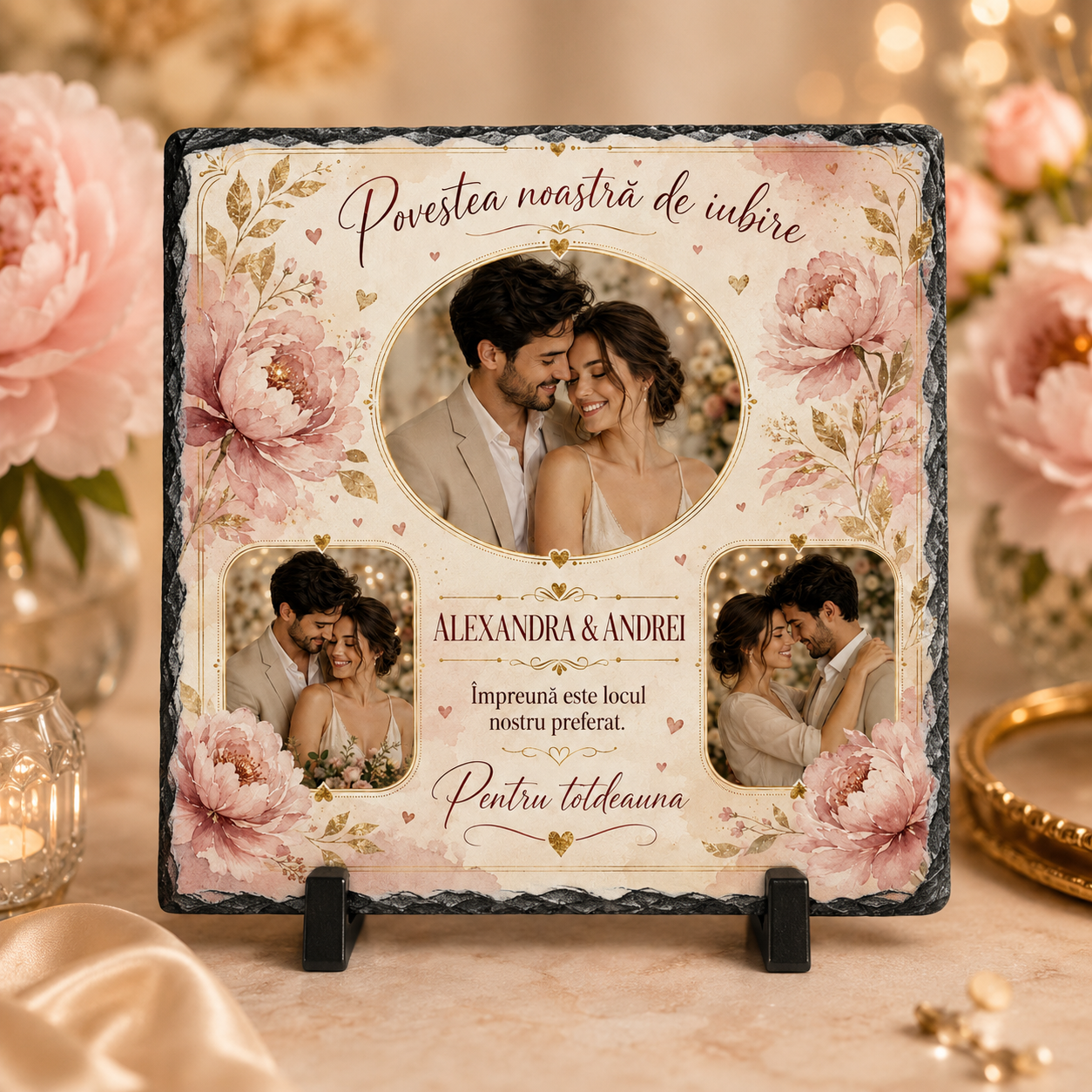 Placă ardezie personalizată pentru cuplu 20×20 cm – 3 fotografii, nume și mesaj de iubire