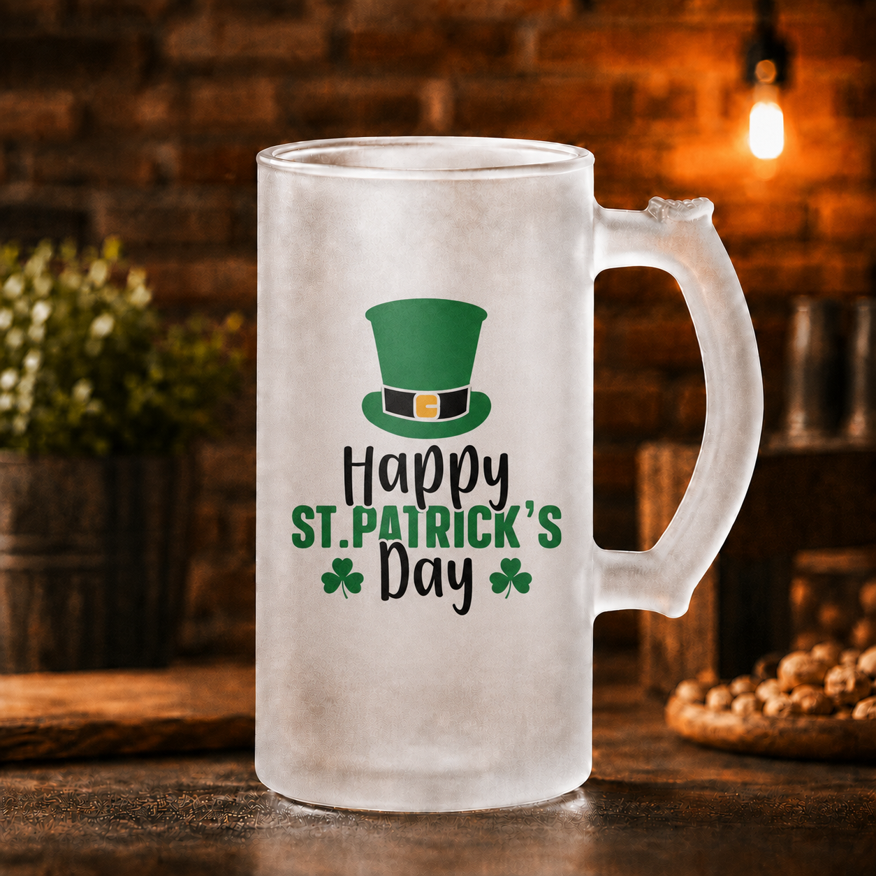 Halbă de bere din sticlă mată „Happy St. Patrick’s Day” – 500 ml