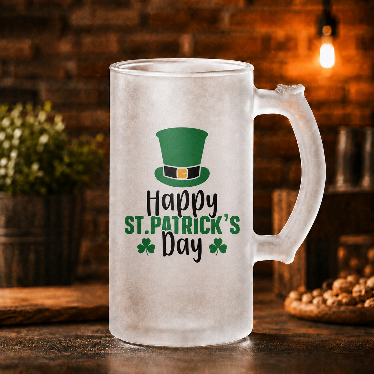 Halbă de bere din sticlă mată „Happy St. Patrick’s Day” – 500 ml