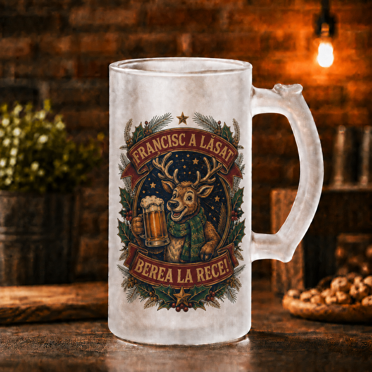 Halbă de bere personalizată 500 ml „[Nume] a lăsat berea la rece!” – cadou de Crăciun cu nume