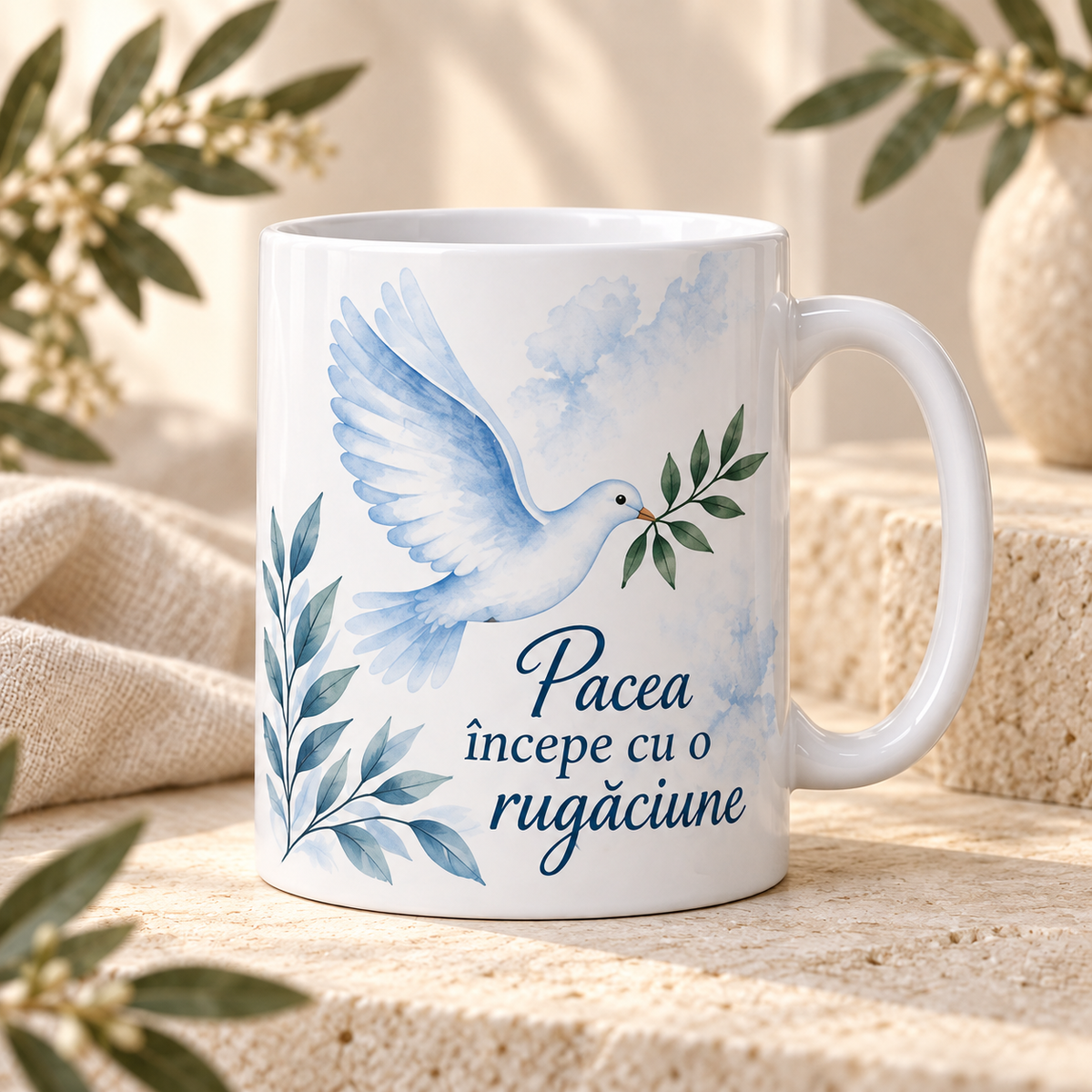 Cană religioasă 330 ml „Pacea începe cu o rugăciune” – cadou creștin personalizat