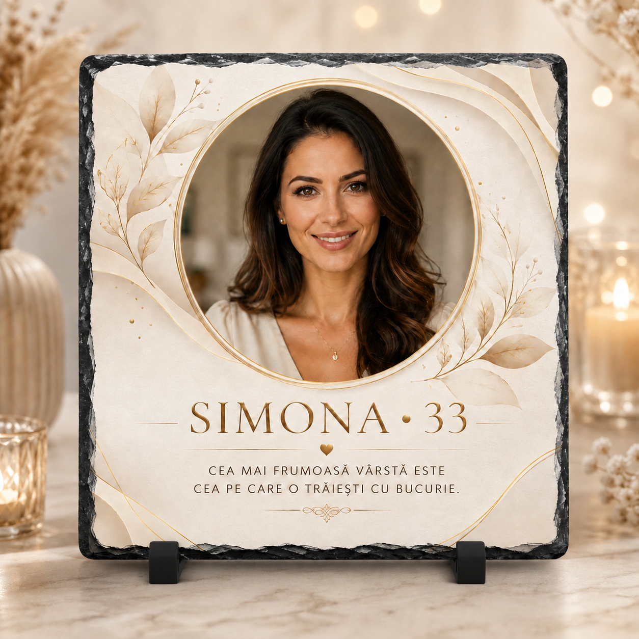 Placă de ardezie personalizată 20×20 cm cu poză – Cadou aniversar elegant pentru femeie