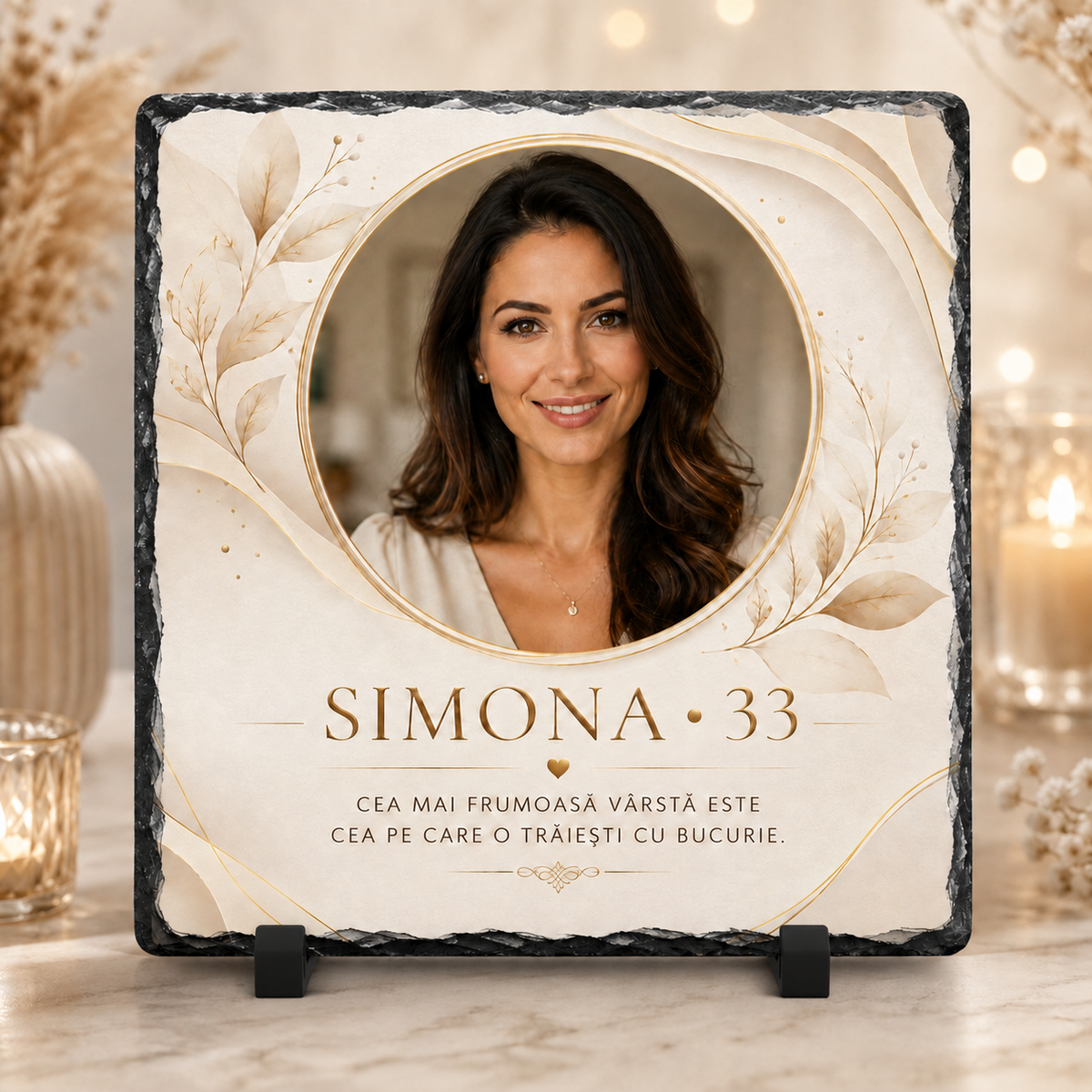 Placă de ardezie personalizată 20×20 cm cu poză – Cadou aniversar elegant pentru femeie