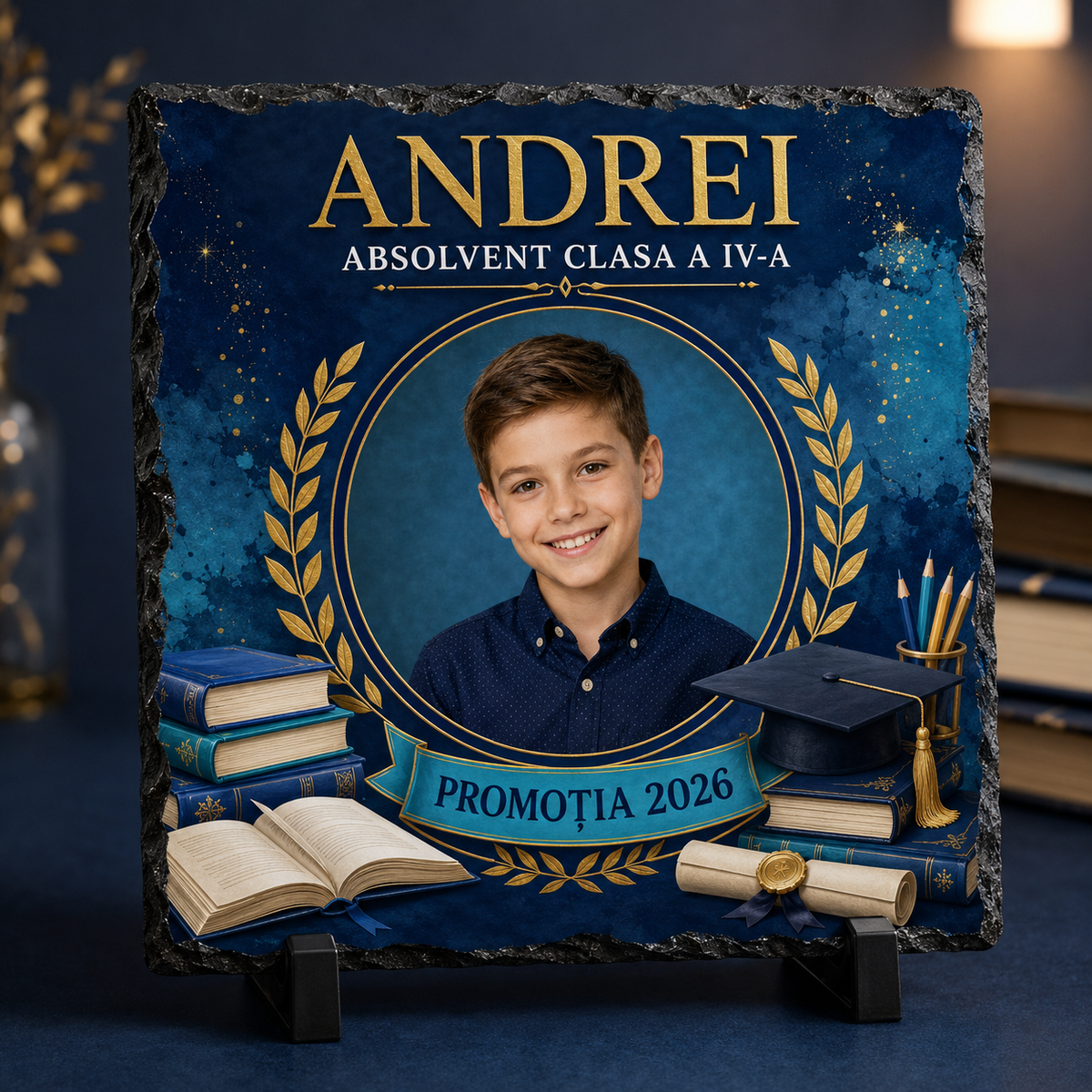 Placă de Ardezie Personalizată Absolvire Clasa a IV-a 20×20 cm cu Poză și Nume – Promoția 2026
