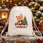 Sac sport personalizat pentru copii – Vulpiță de Crăciun cu nume | Canvas 43 × 34 cm