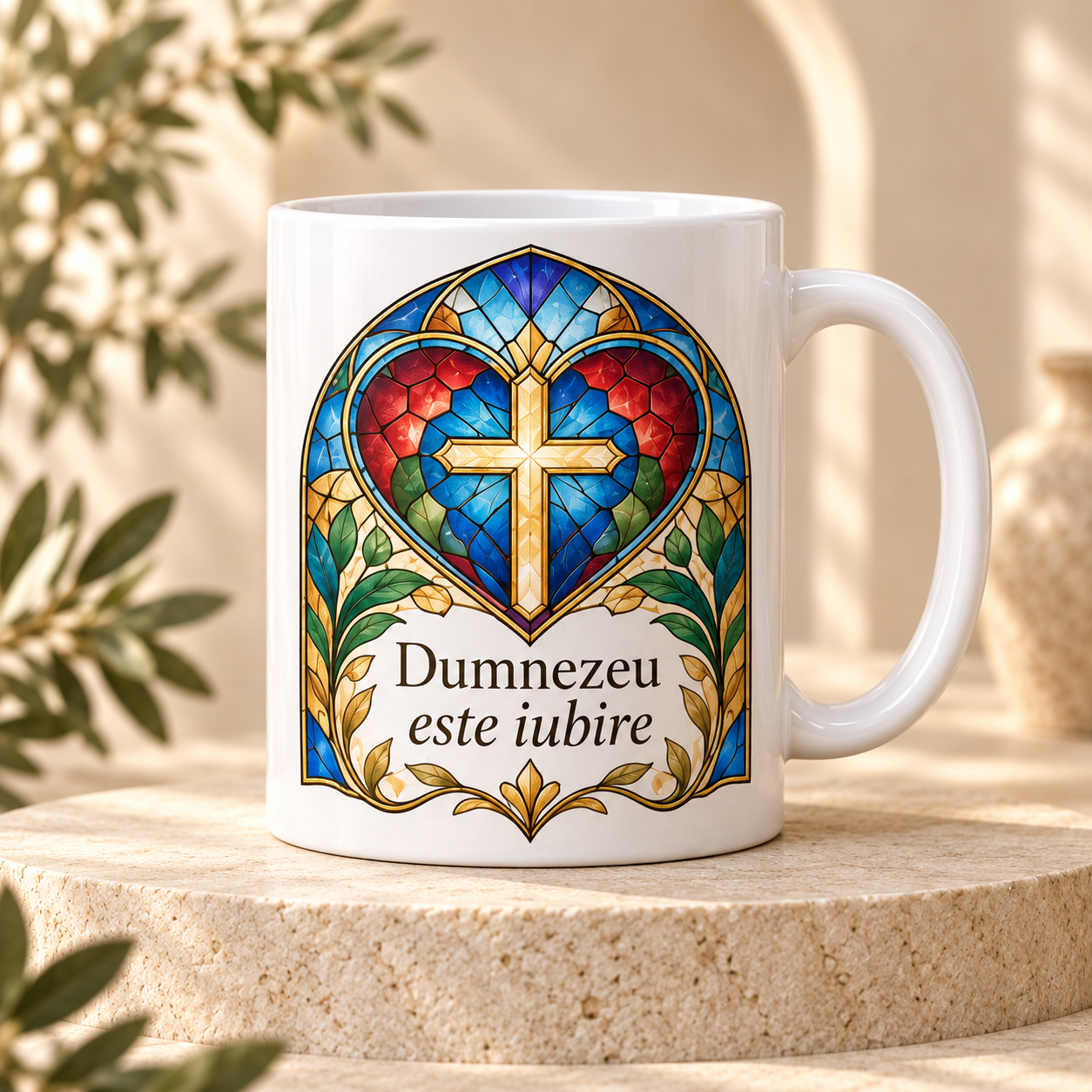 Cană religioasă 330 ml „Dumnezeu este iubire” – cadou creștin cu design vitraliu