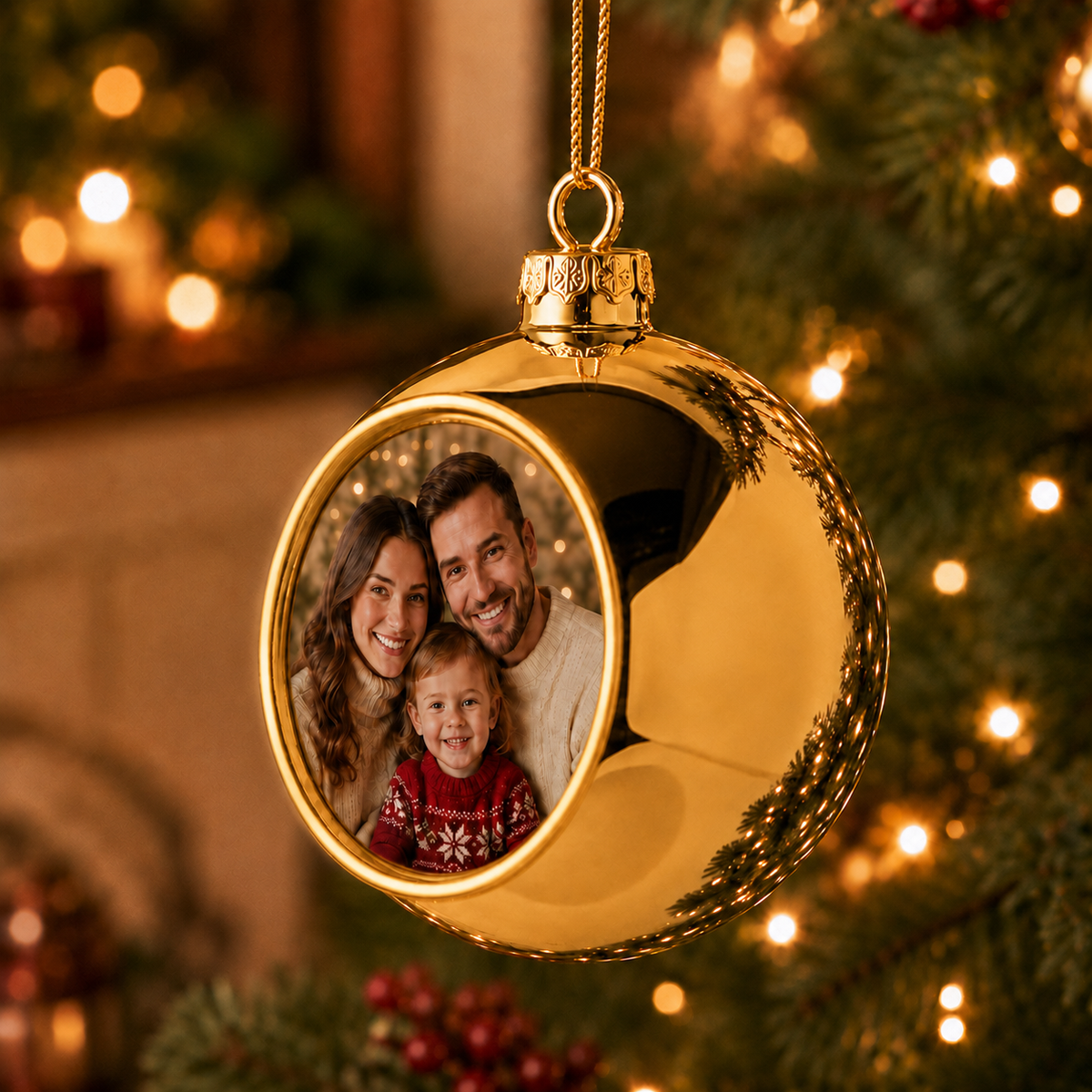 Glob de Crăciun auriu personalizat cu fotografie de familie, diametru 8 cm