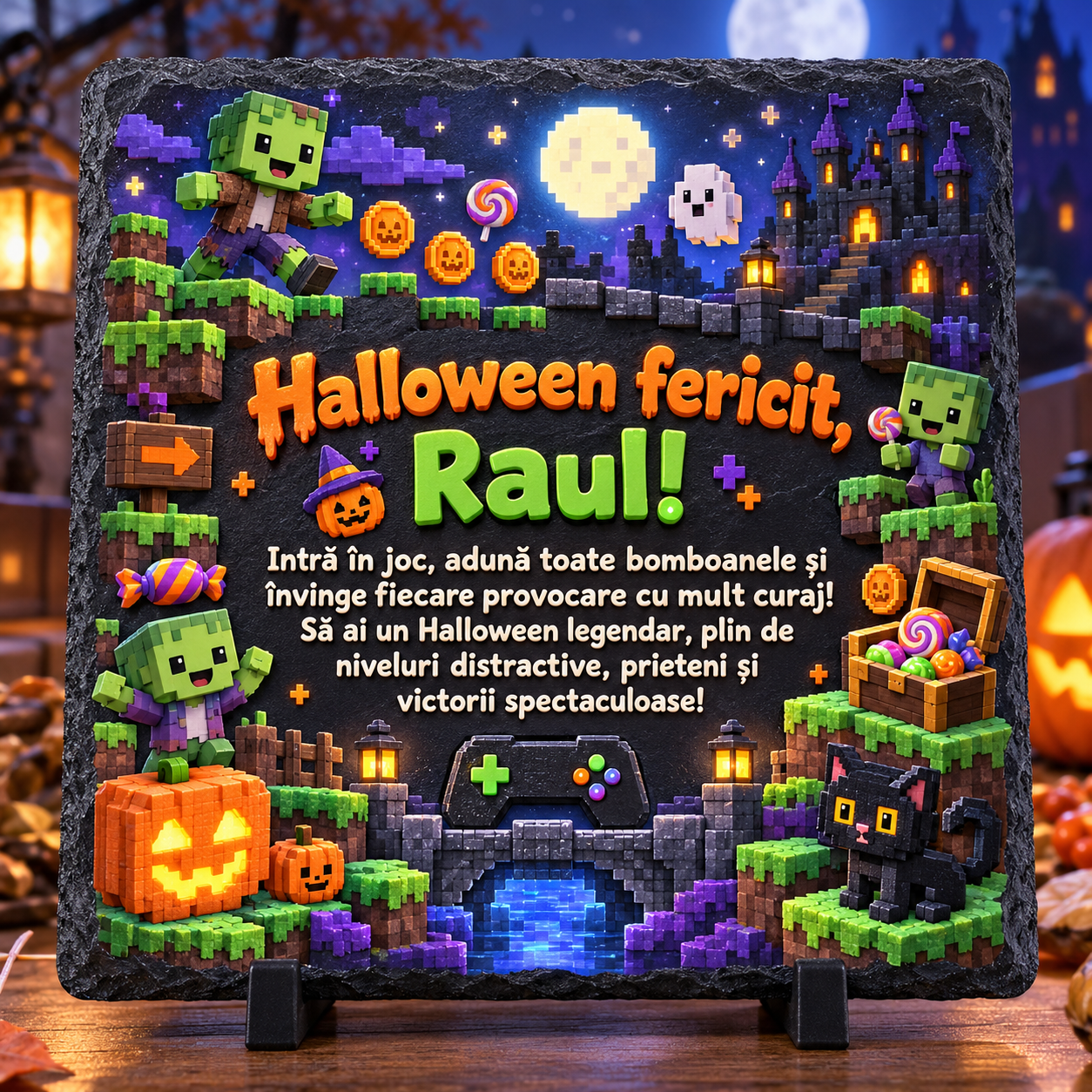 Placă ardezie personalizată Halloween pentru copii 20×20 cm – tematică gaming pixel art, monștri simpatici și nume personalizat