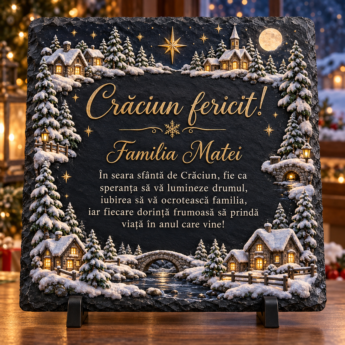 Placă ardezie personalizată de Crăciun 20×20 cm – peisaj de iarnă cu sat luminat și mesaj pentru familie