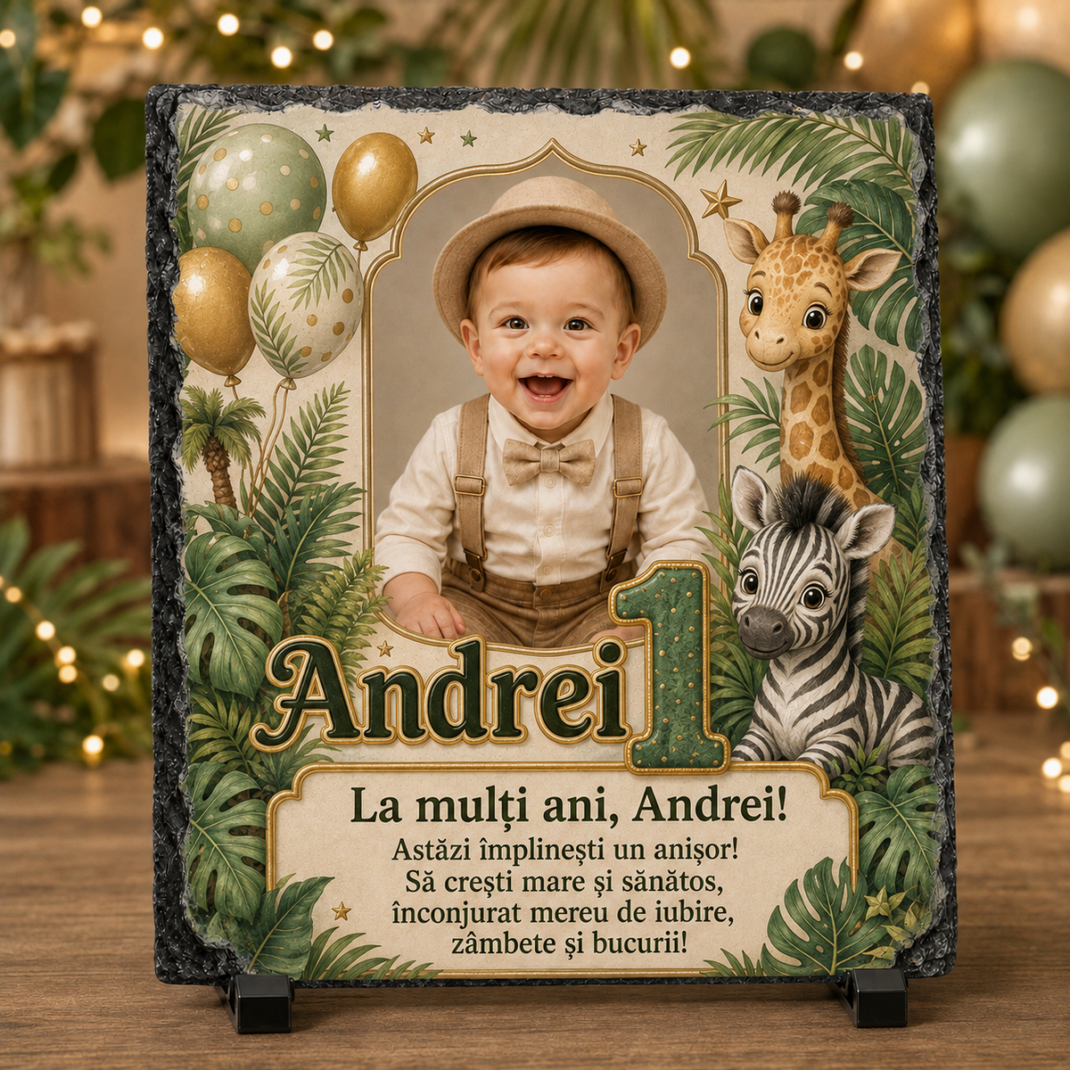 Placă ardezie personalizată 20x20 cm cu poză, nume și animale Safari – Cadou aniversar pentru băiețel de 1 an