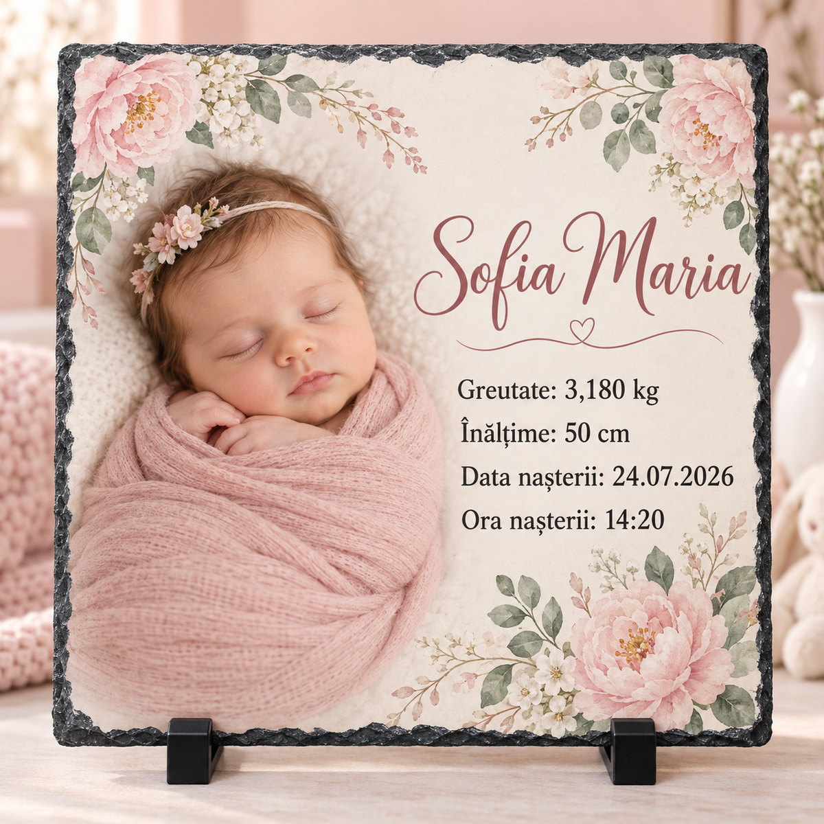 Placă ardezie personalizată 20x20 cm pentru fetiță – Cadou nou-născut cu poză, nume și datele nașterii