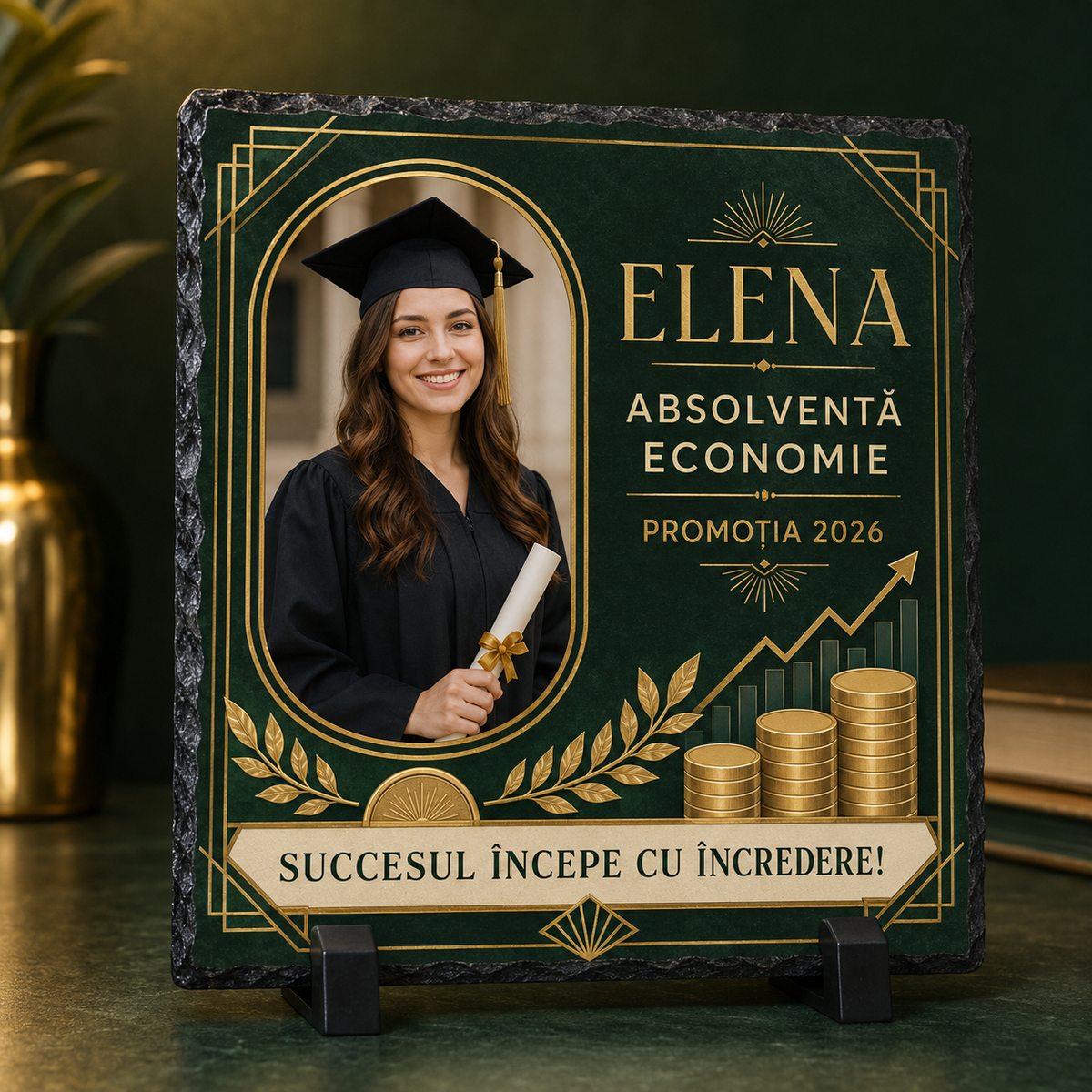 Placă de Ardezie Personalizată Absolvire Economie 20×20 cm cu Poză și Nume – Promoția 2026