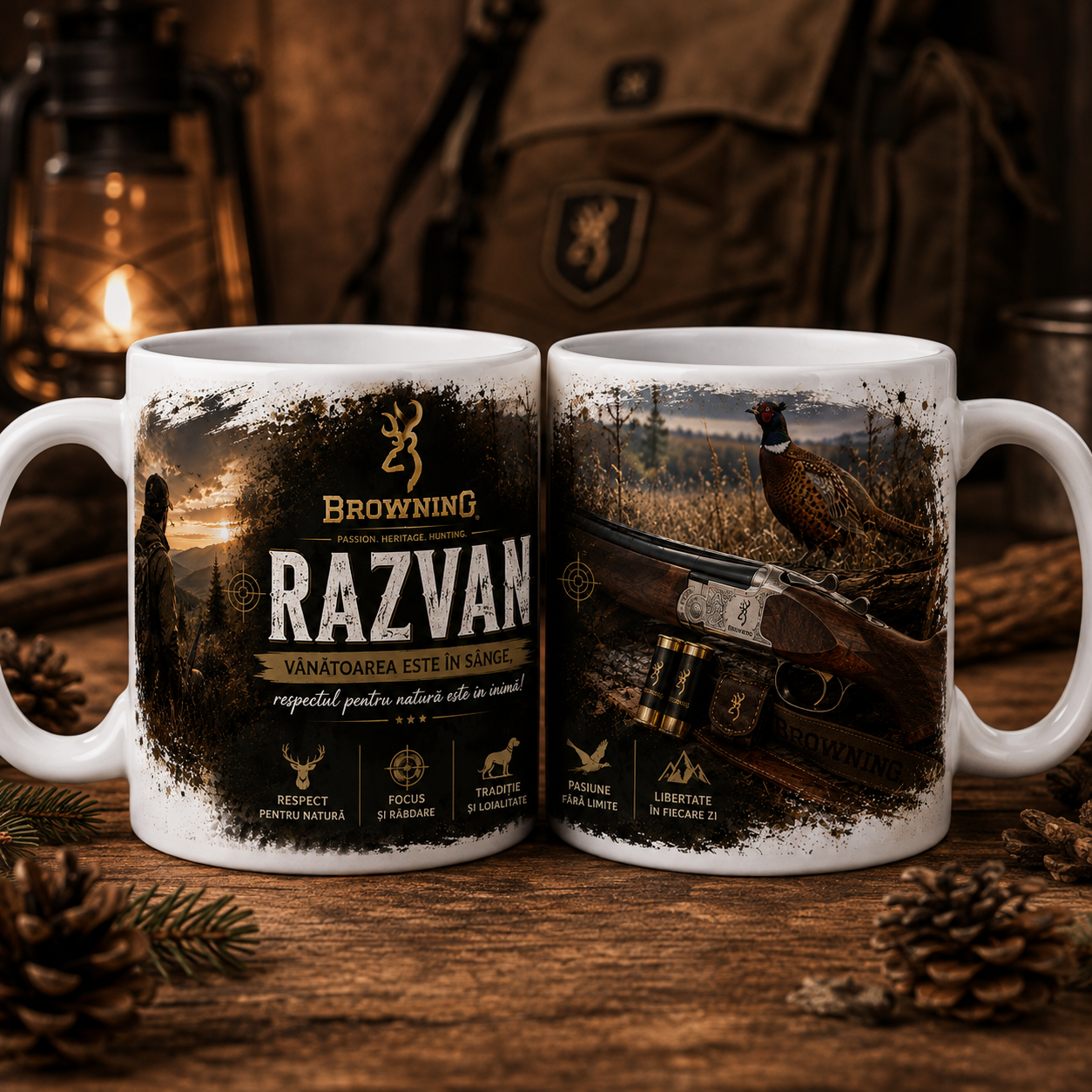 Cană personalizată pentru vânător cu numele Răzvan, 330 ml, design cu fazan, pușcă de vânătoare și peisaj natural