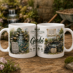 Cană personalizată pentru constructor de iazuri cu numele Gabi, 330 ml, design cu iaz ornamental, cascadă, pești și mini excavator