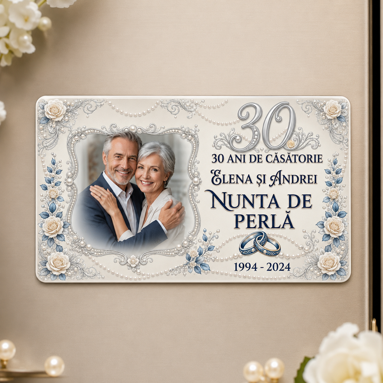 Magnet personalizat Nunta de Perlă – 30 de ani de căsătorie, cu fotografie, 9 × 5,5 cm