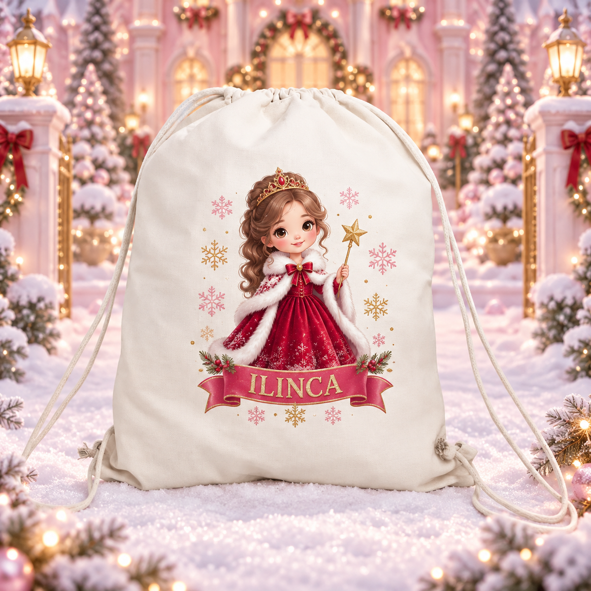 Sac sport personalizat pentru fetițe – Prințesă de Crăciun cu nume | Canvas 43 × 34 cm
